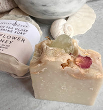 Load image into Gallery viewer, Sea Glass Topped Wildflower Honey Salt Brine Soap 3 oz