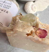 Load image into Gallery viewer, Sea Glass Topped Wildflower Honey Salt Brine Soap 3 oz