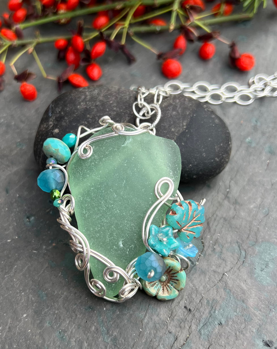 Seafoam Sea Glass & Fine Silver Pendant Necklace