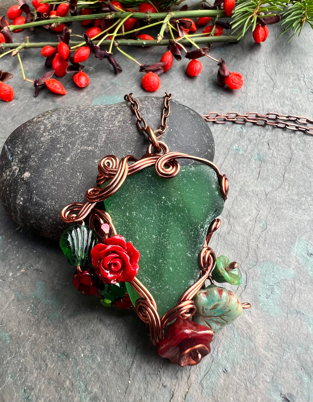 Green Sea Glass & Antiqued Copper Pendant Necklace